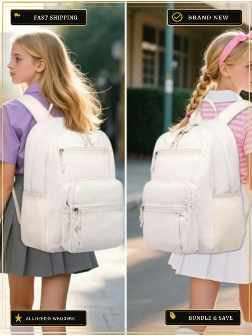 Corduroy School Backpack for Girls Boys, Cute Student Bookbag with Pockets